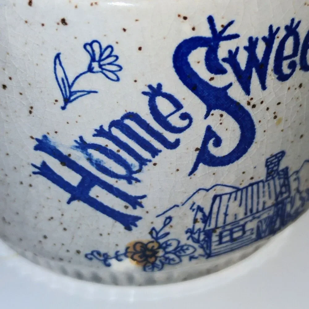 Vtg Home Sweet Home Teapot Sugar Bowl Set Stoneware Blue White Made in Japan